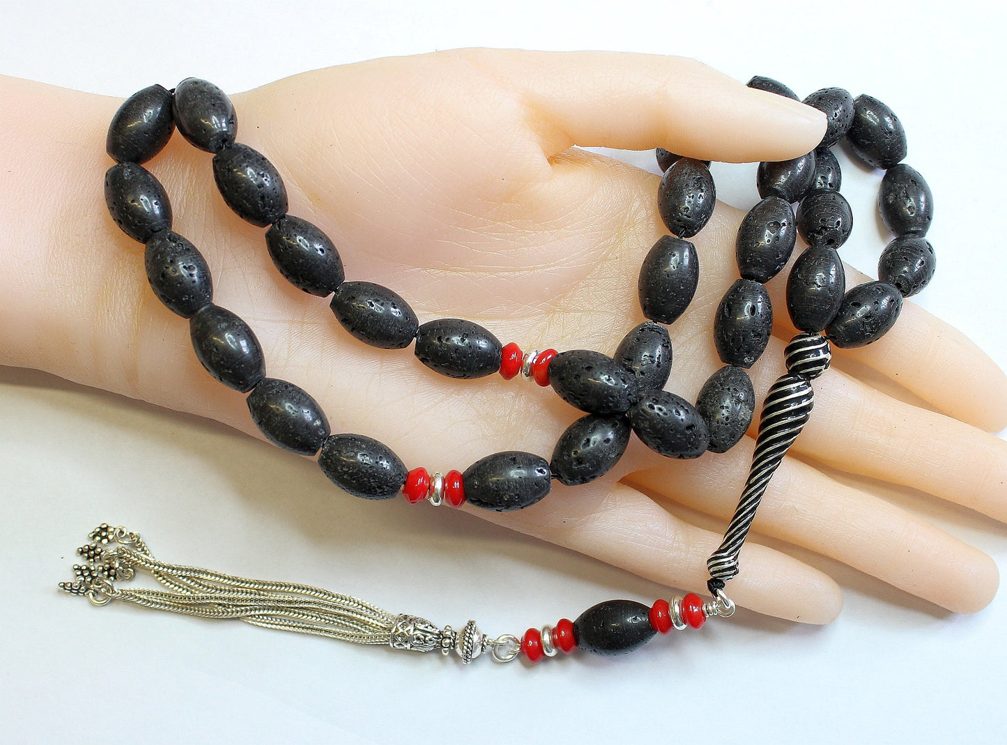 Luxury Tesbih Oval Lava, Red Coral & Sterling Rare Collector's Quality Item