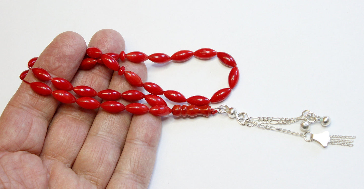 Prayer Beads Tesbih Gebetskette Red Coral & Sterling Pine Seed Carve