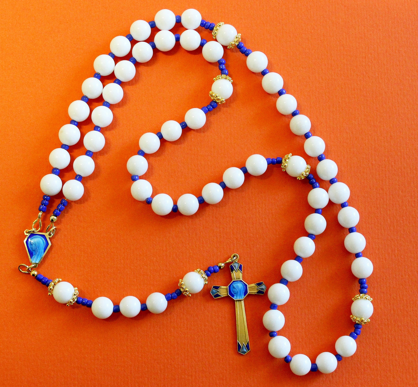 Catholic Rosary White Jade and Vermeil With Blue Enameled Exceptional Vintage Cross & Center