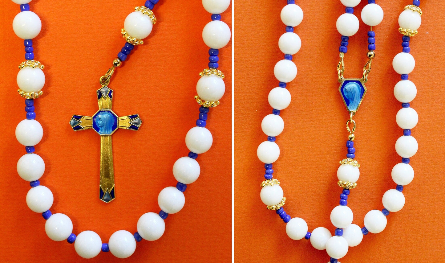 Catholic Rosary White Jade and Vermeil With Blue Enameled Exceptional Vintage Cross & Center