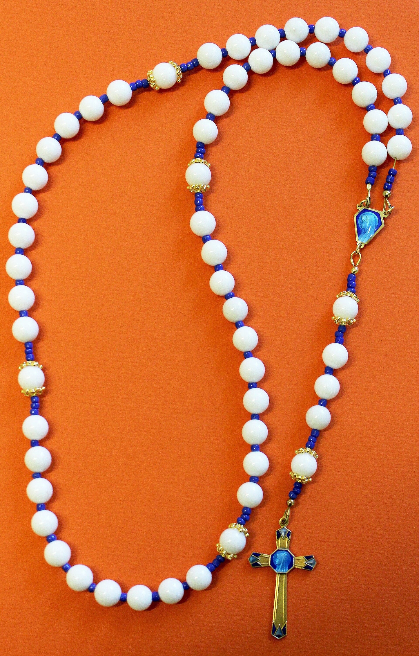 Catholic Rosary White Jade and Vermeil With Blue Enameled Exceptional Vintage Cross & Center