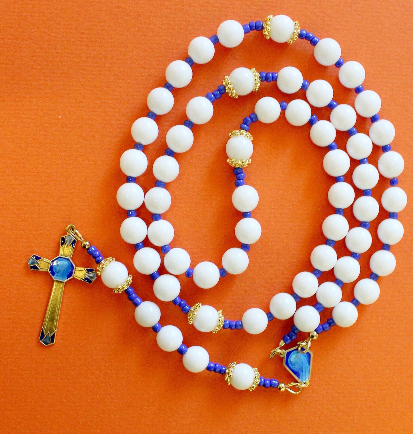 Catholic Rosary White Jade and Vermeil With Blue Enameled Exceptional Vintage Cross & Center