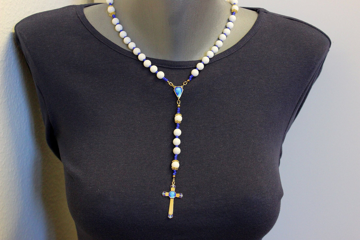 Catholic Rosary White Jade and Vermeil With Blue Enameled Exceptional Vintage Cross & Center
