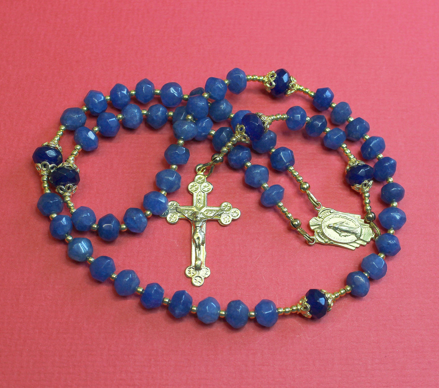 Catholic Rosary Genuine Faceted Sapphire and Vermeil
