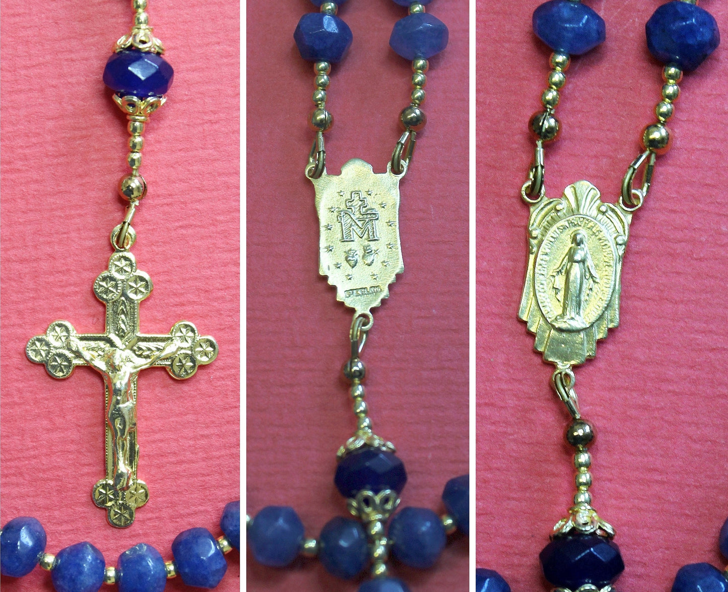 Catholic Rosary Genuine Faceted Sapphire and Vermeil