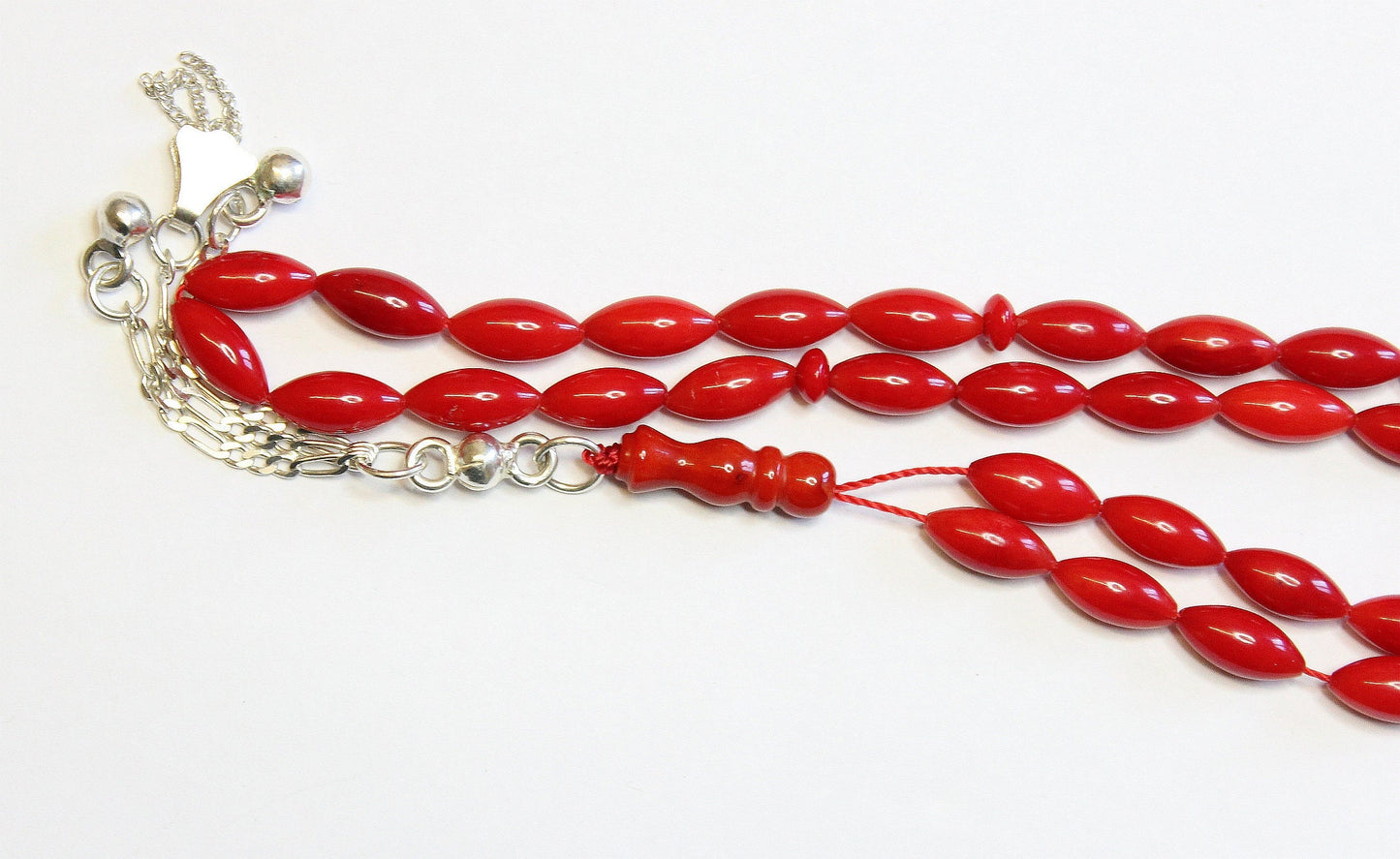 Prayer Beads Tesbih Gebetskette Red Coral & Sterling Pine Seed Carve