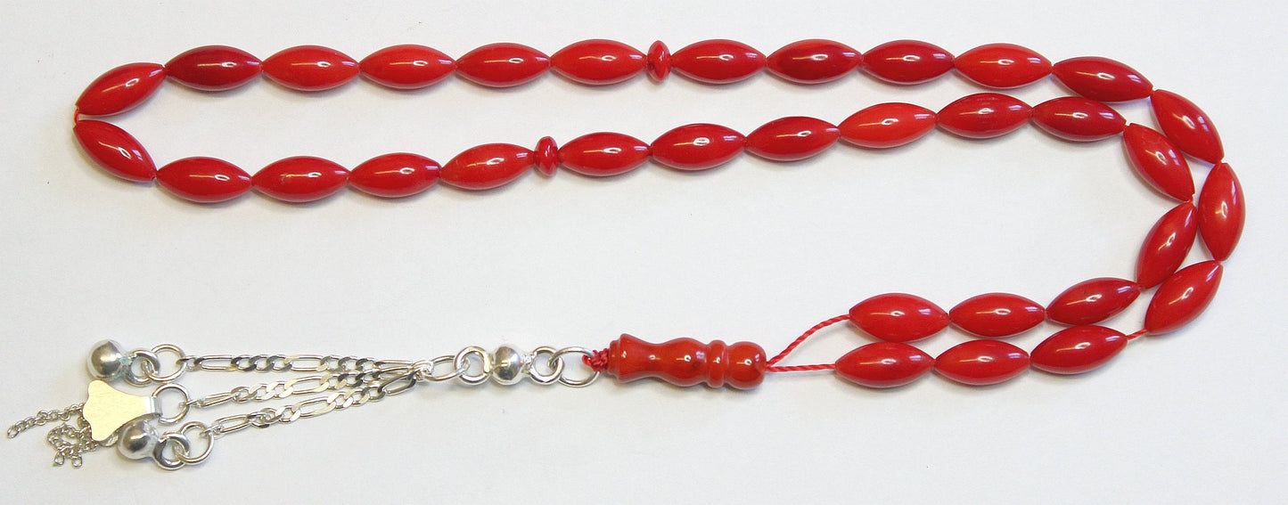 Prayer Beads Tesbih Gebetskette Red Coral & Sterling Pine Seed Carve