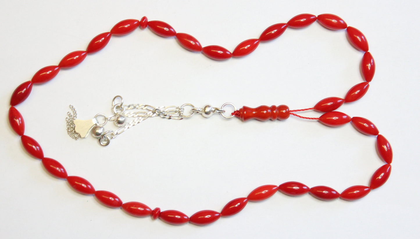 Prayer Beads Tesbih Gebetskette Red Coral & Sterling Pine Seed Carve