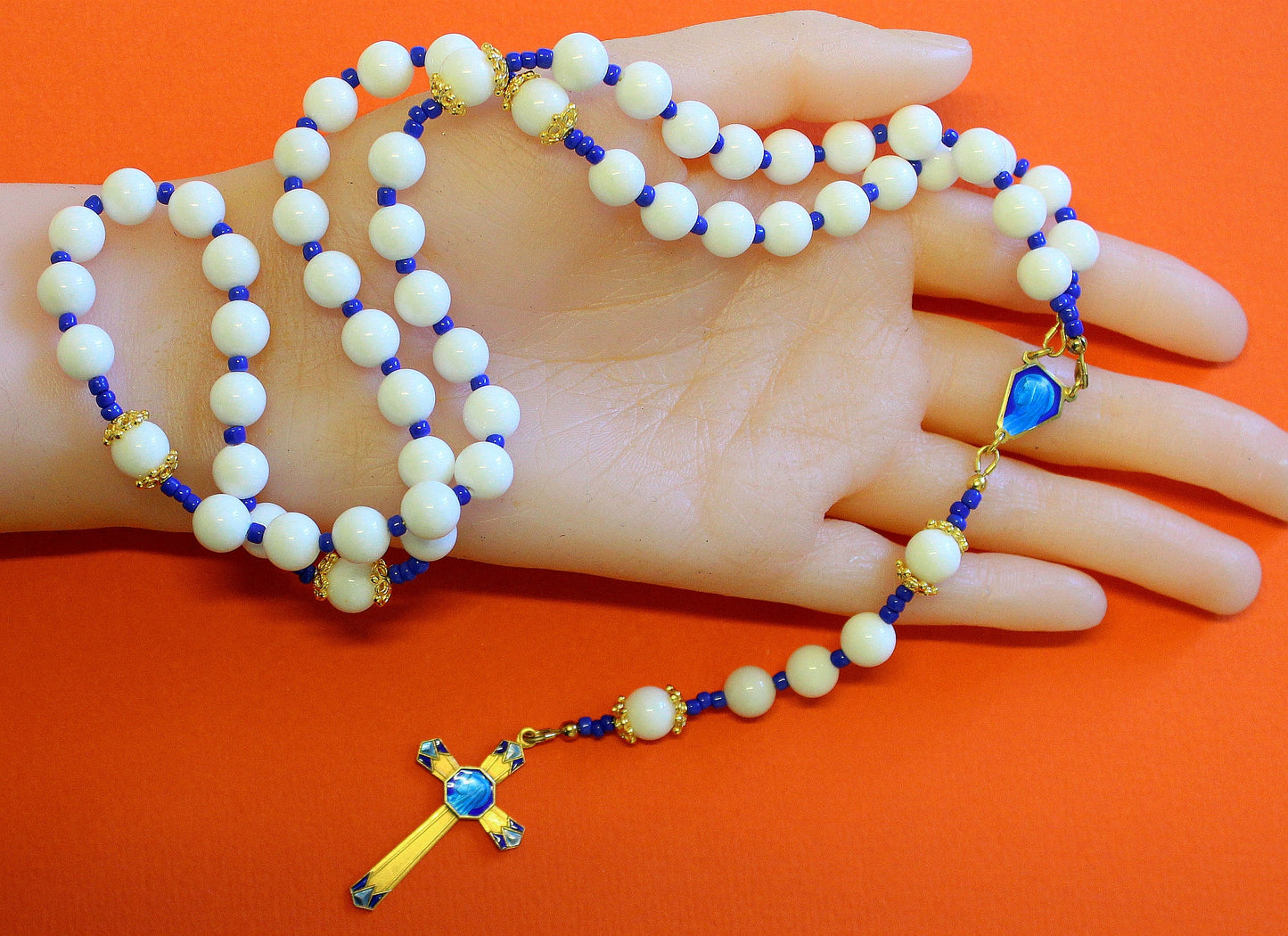 Catholic Rosary White Jade and Vermeil With Blue Enameled Exceptional Vintage Cross & Center