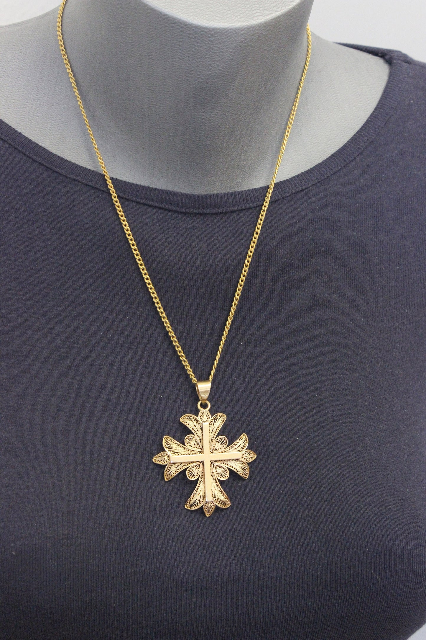 Late 19th Cent. Solid 18K Gold Filigree Large Cross Pendant Medal High Rarity