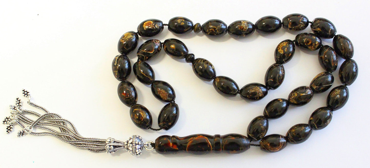 Prayer Beads Tesbih Oval V.Rare Golden Yusr & Sterling - Great Collector's item