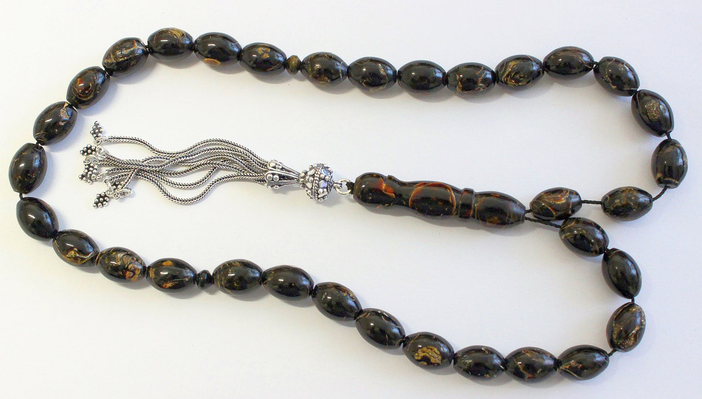 Prayer Beads Tesbih Oval V.Rare Golden Yusr & Sterling - Great Collector's item