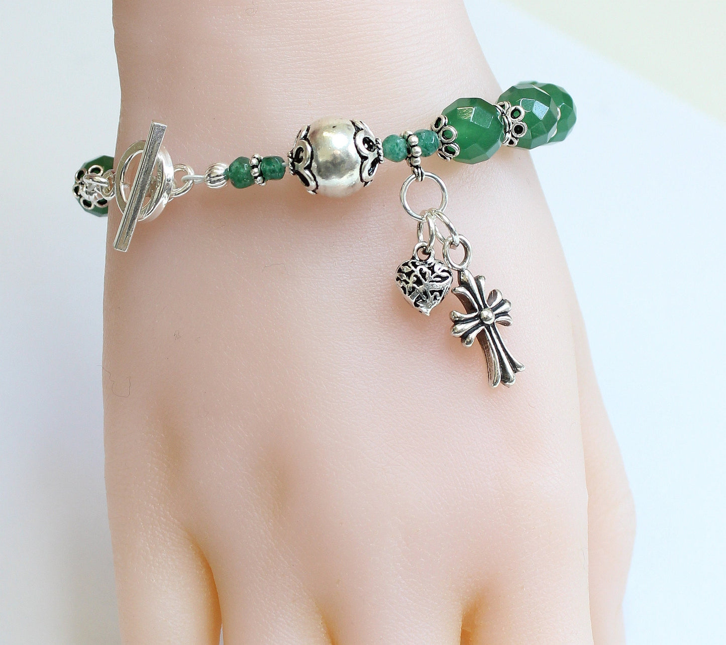 Catholic Rosary Bracelet Faceted Genuine Emerald & Sterling Silver
