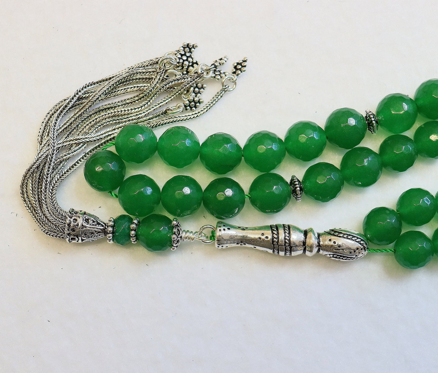 Luxury Prayer Beads Tesbih Komboloi Large Faceted Emeralds and Sterling Silver - Top Quality - Collector's