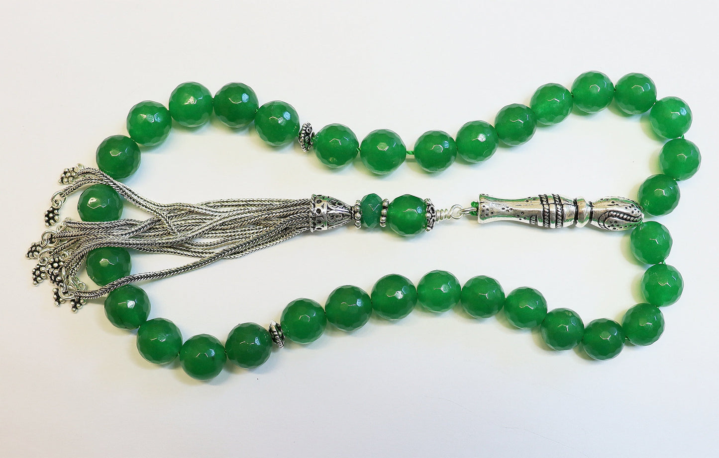 Luxury Prayer Beads Tesbih Komboloi Large Faceted Emeralds and Sterling Silver - Top Quality - Collector's