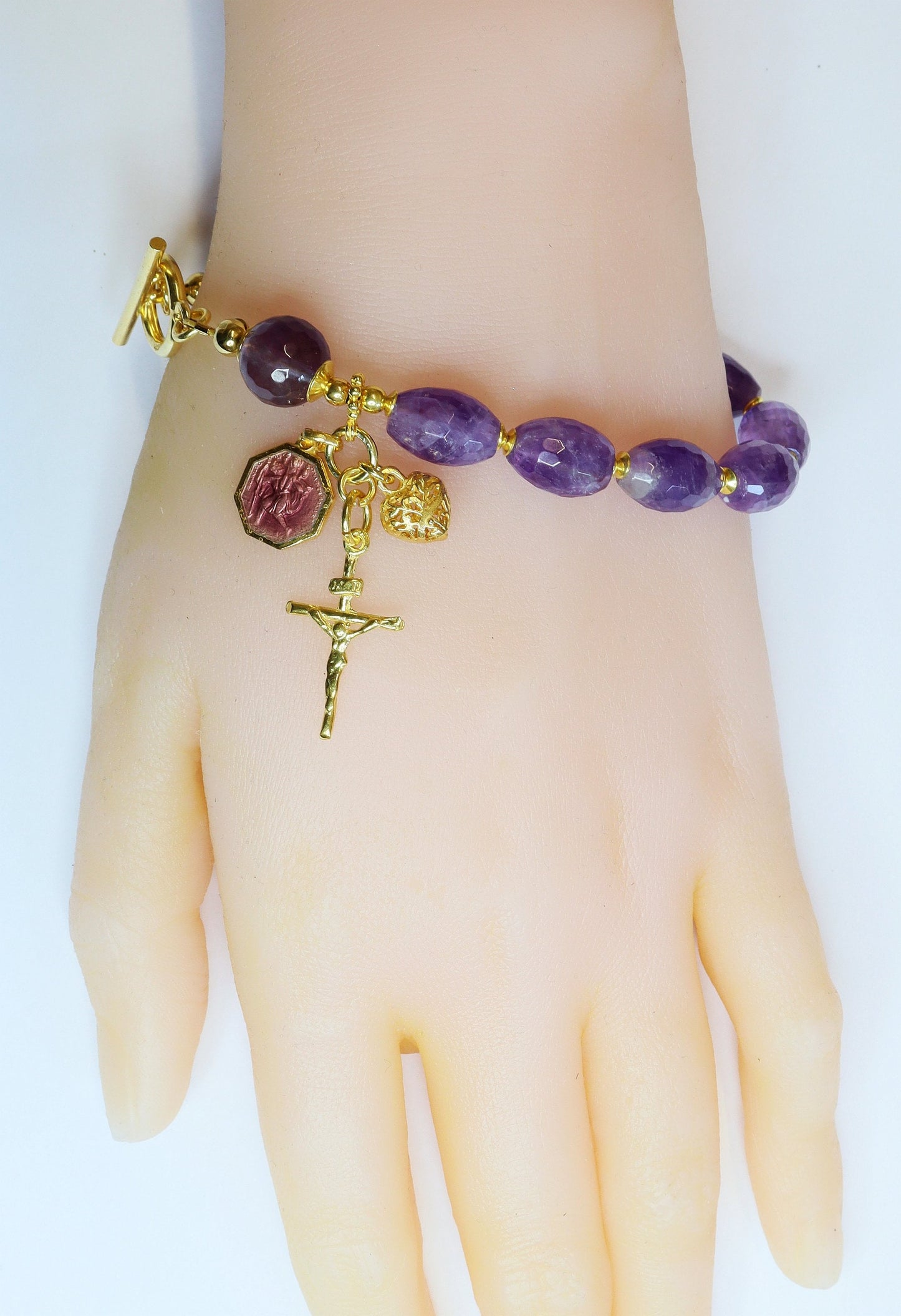 Catholic Rosary Bracelet Faceted Oval Amethyst, Vermeil & Enamel