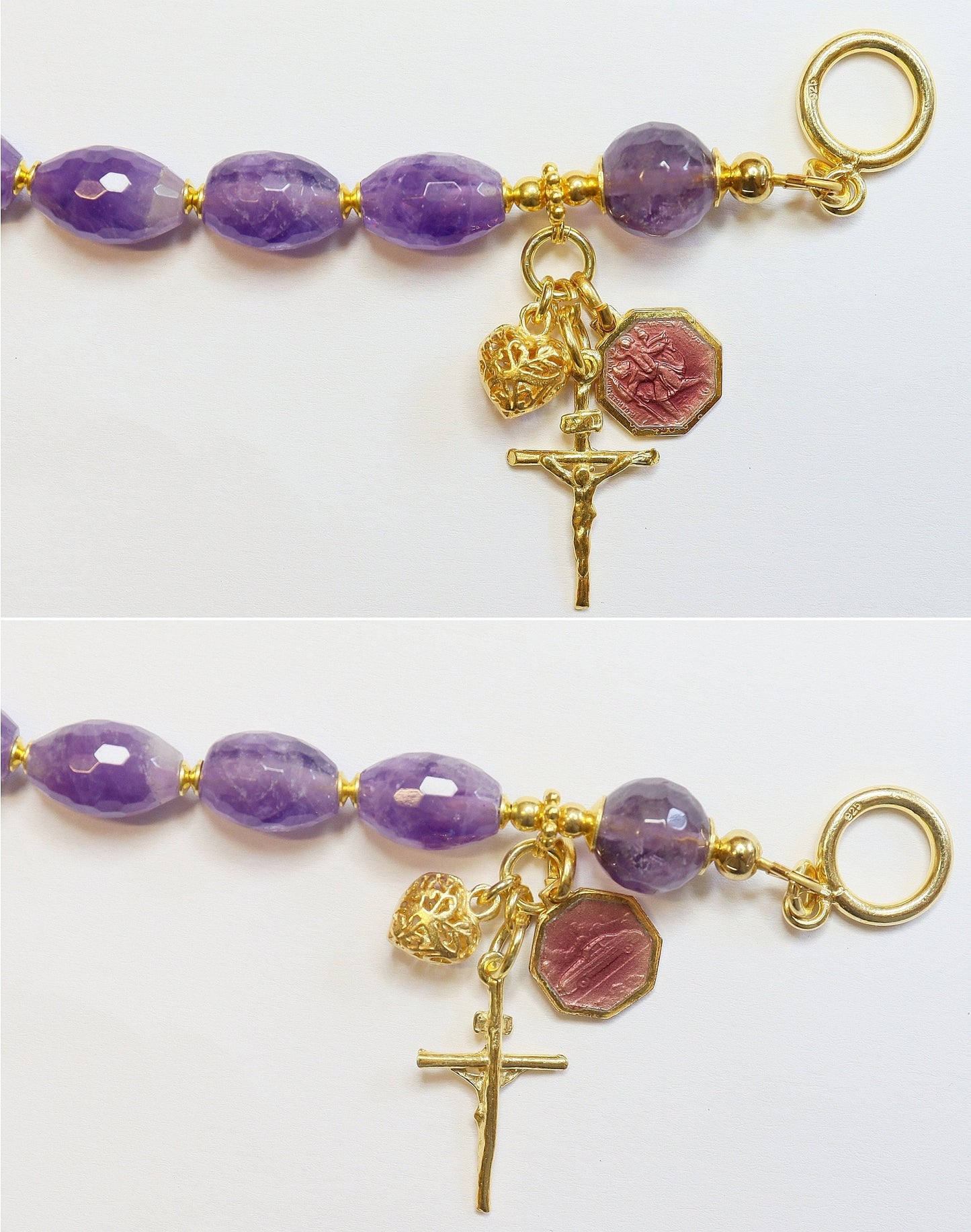 One Decade Catholic Rosary Bracelet Faceted Oval Amethyst, Vermeil & Enamel