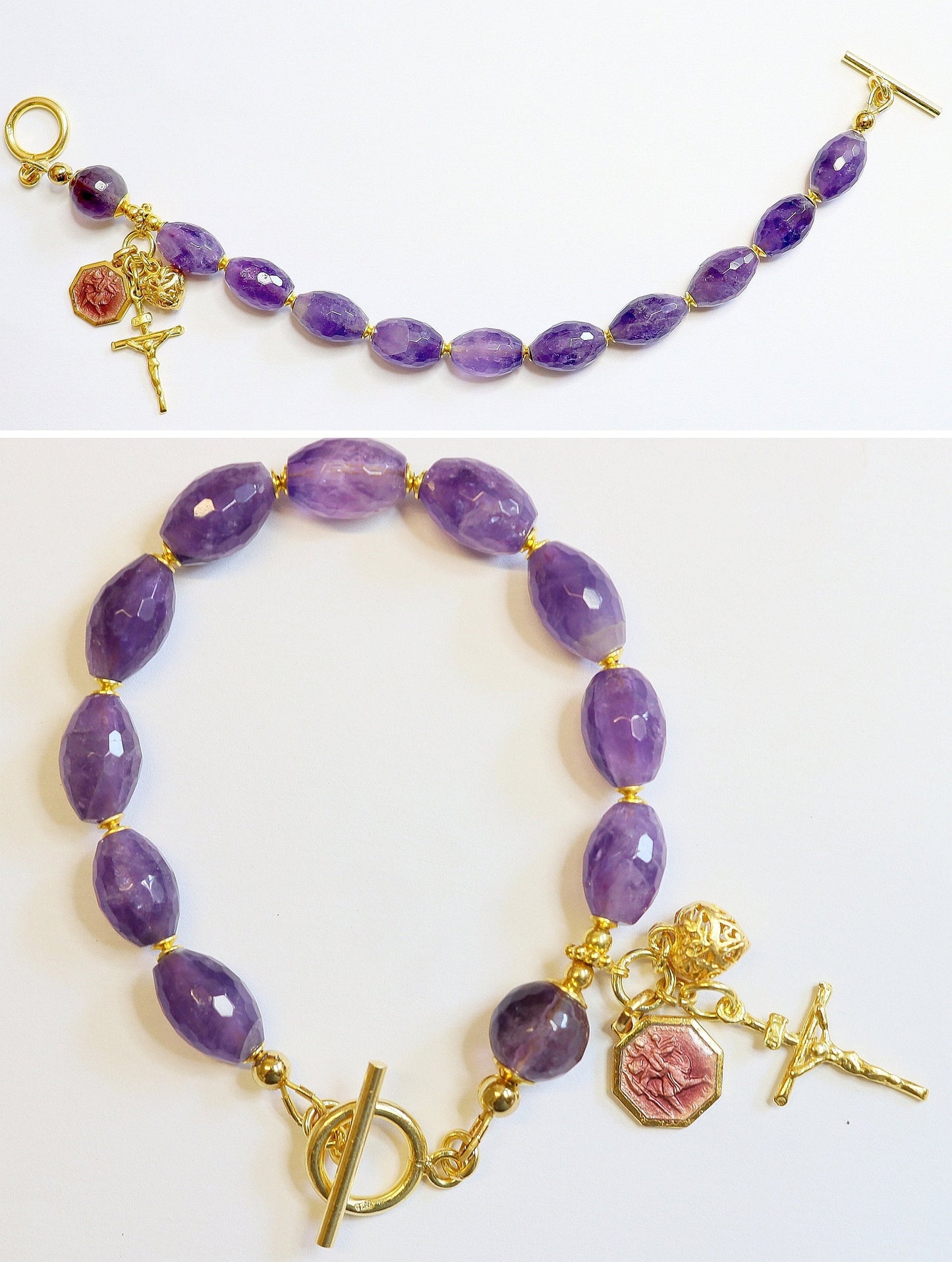 Catholic Rosary Bracelet Faceted Oval Amethyst, Vermeil & Enamel