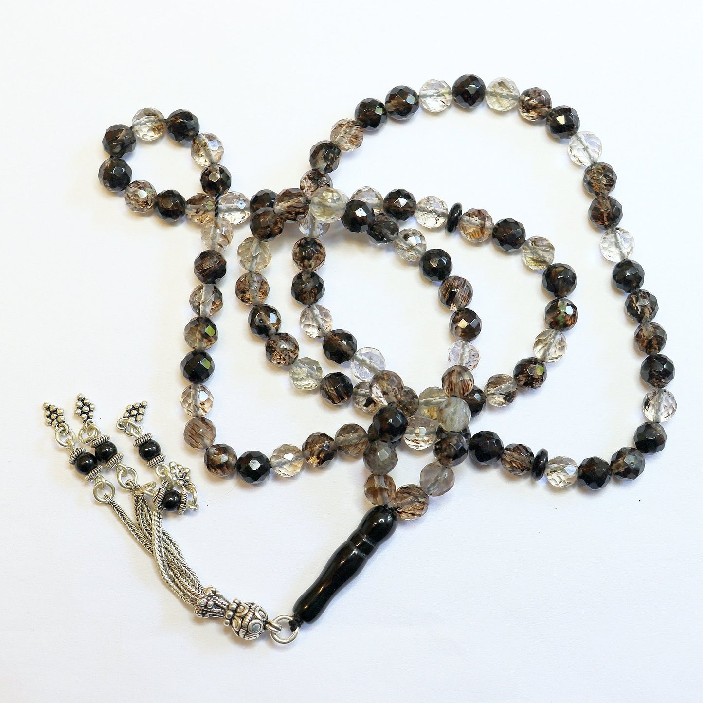 Islamic Prayer Beads Tesbih Faceted 99 Black Matrix Quartz and Sterling Silver