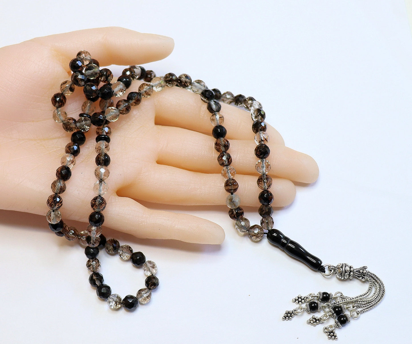 Islamic Prayer Beads Tesbih Faceted 99 Black Matrix Quartz and Sterling Silver