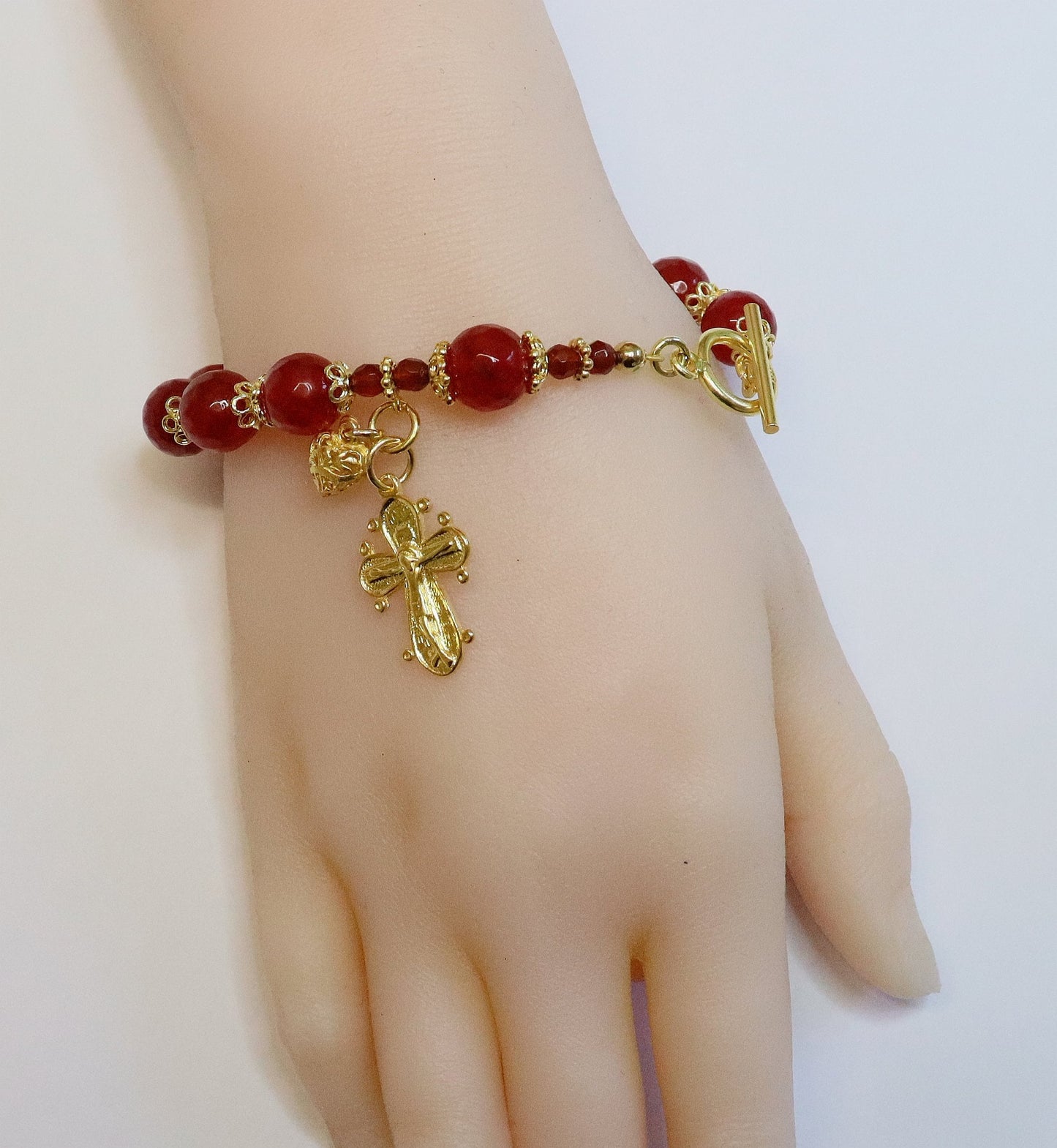 Catholic Rosary Bracelet Faceted Genuine Ruby and Vermeil