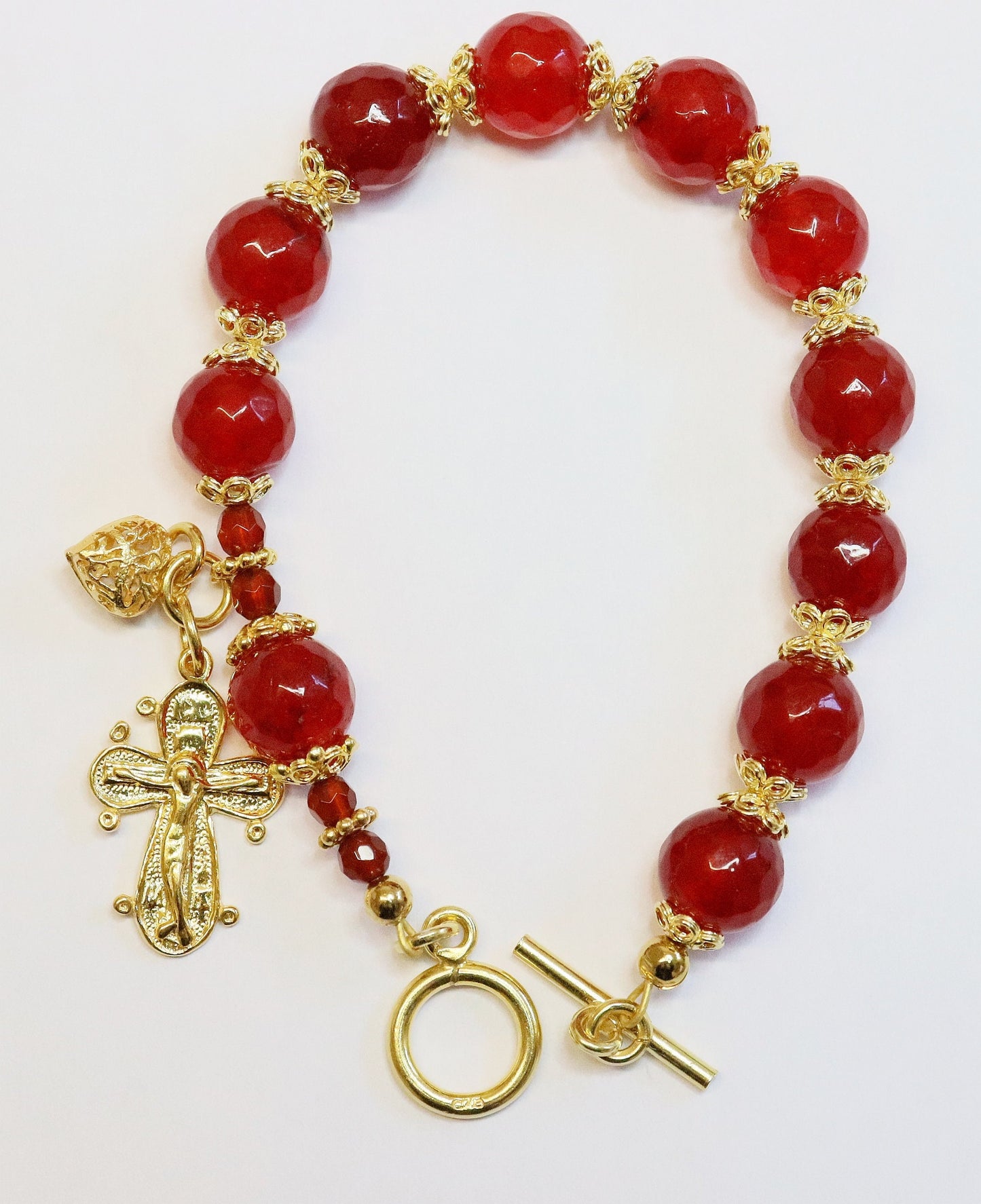 Catholic Rosary Bracelet Faceted Genuine Ruby and Vermeil