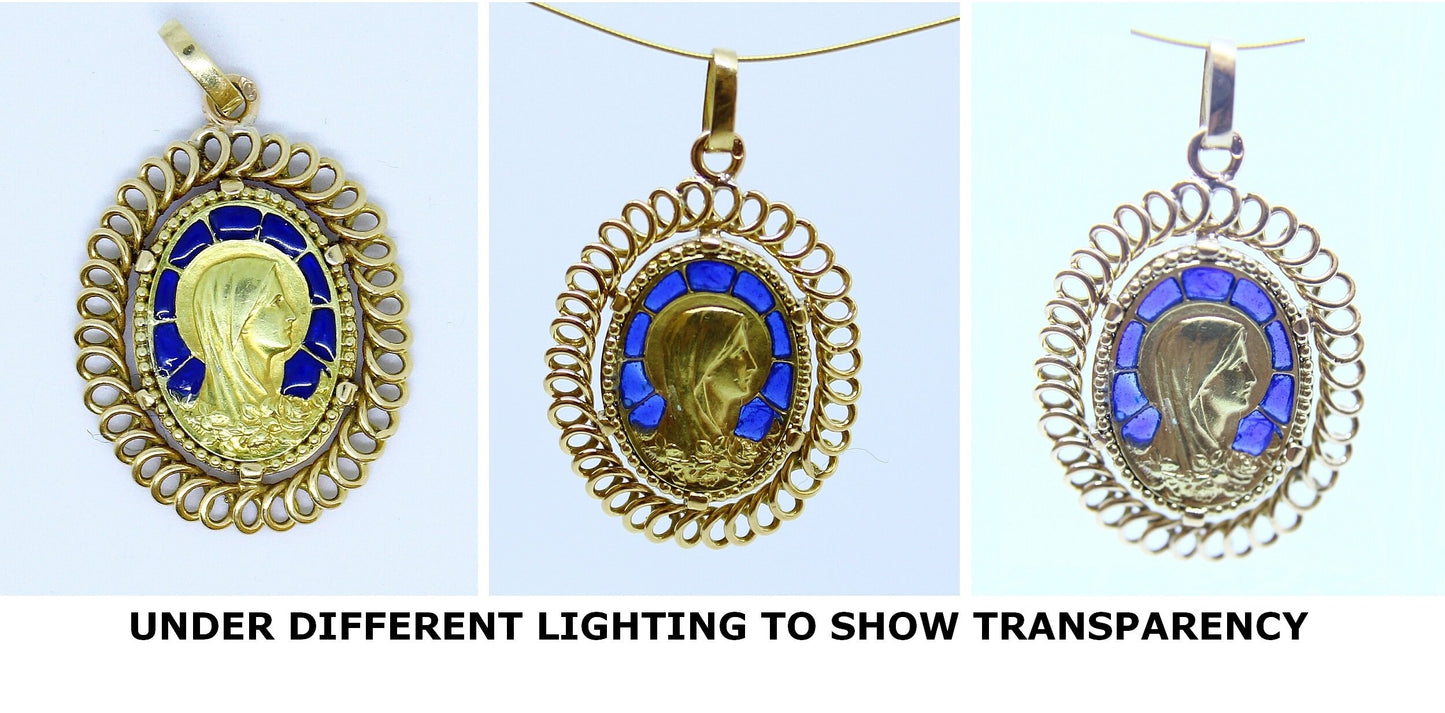 Vintage 1920's 18 K Gold Plique-à-Jour Virgin Mary Pendant Medal in Open Work Frame