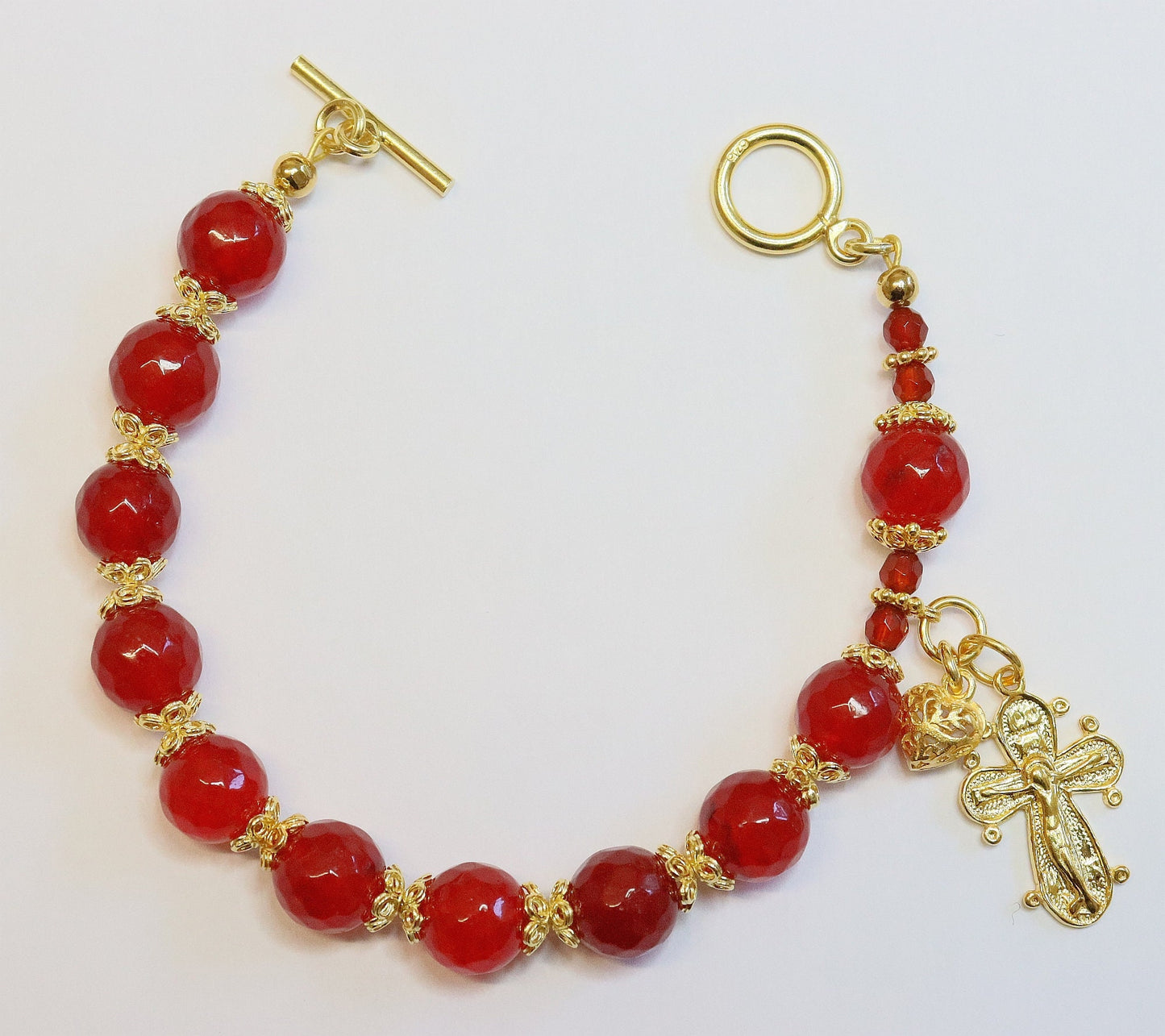 Catholic Rosary Bracelet Faceted Genuine Ruby and Vermeil