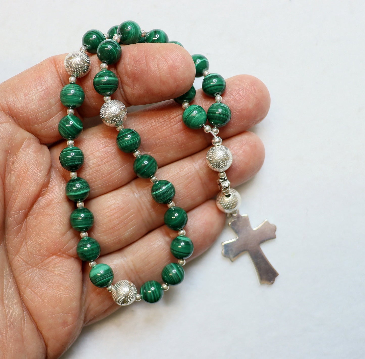 Anglican Episcopal Rosary Prayer Beads Malachite and Sterling Silver