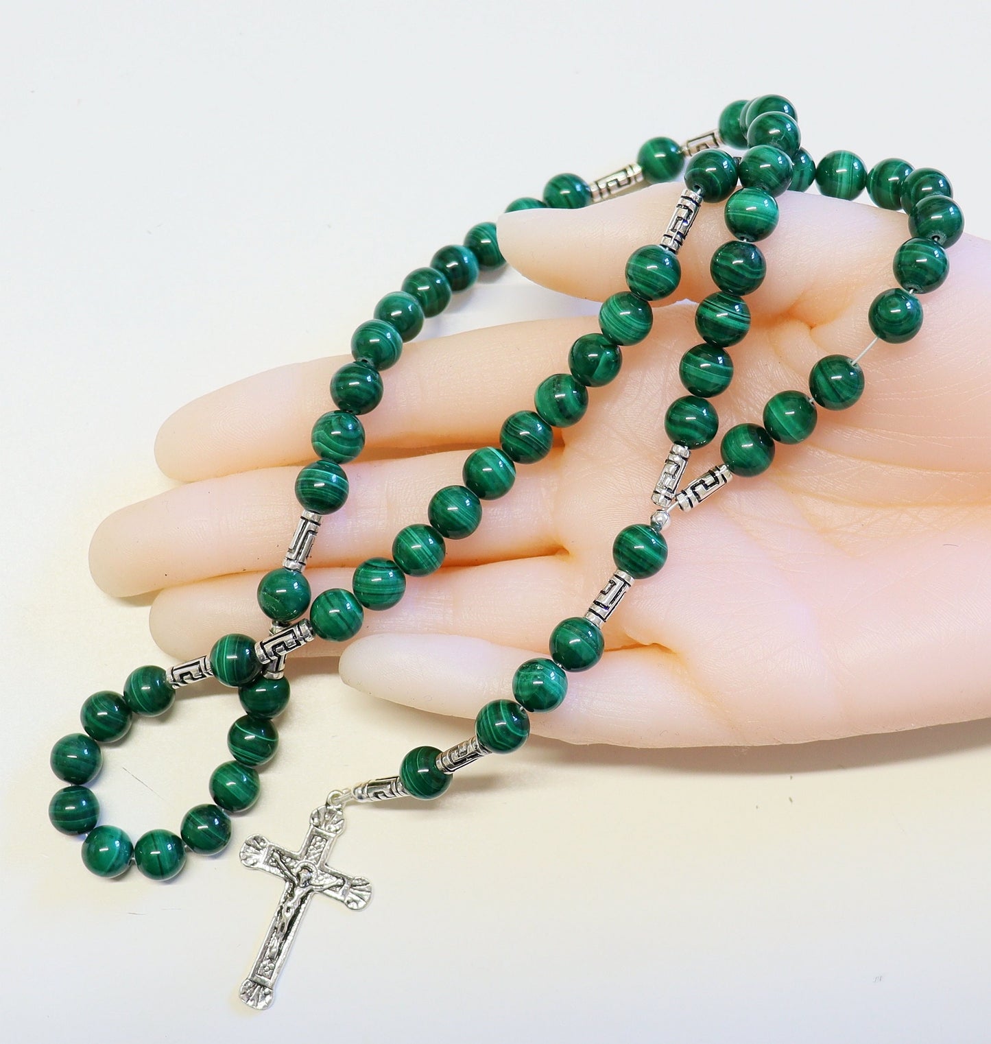 Catholic Rosary Prayer Beads Malachite and Heavy Sterling Silver