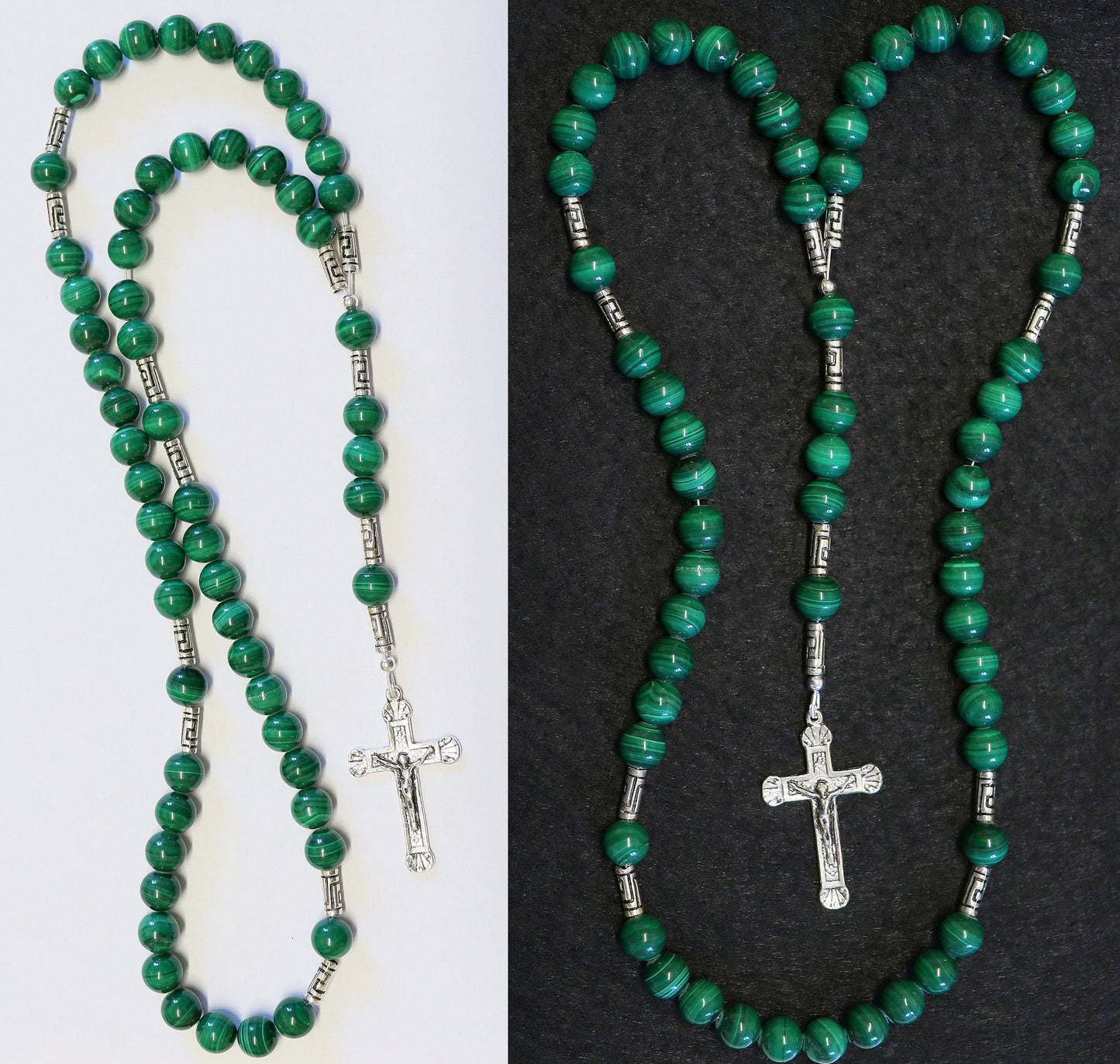 Catholic Rosary Prayer Beads Malachite and Heavy Sterling Silver