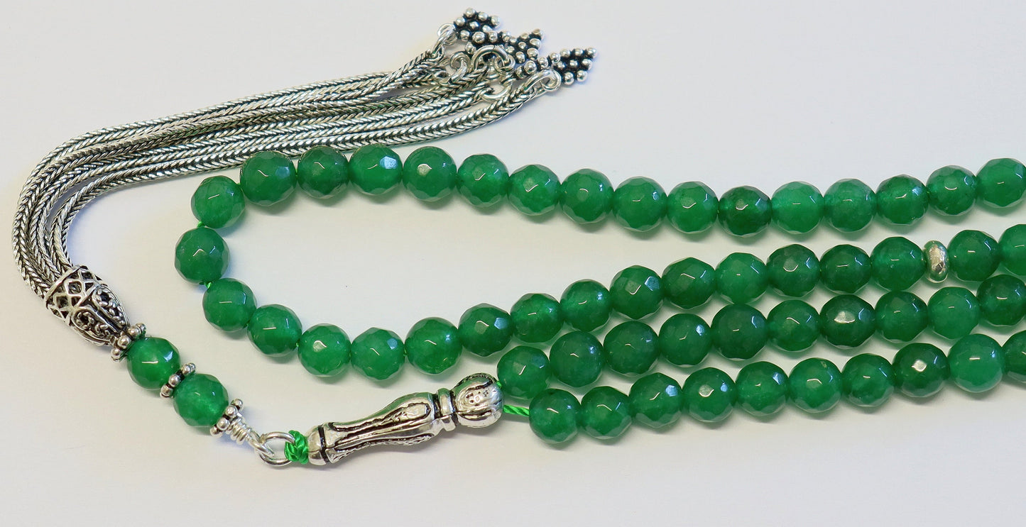 Islamic Prayer Beads Tesbih Gebetskette Genuine Faceted Emerald & Sterling -99 Beads