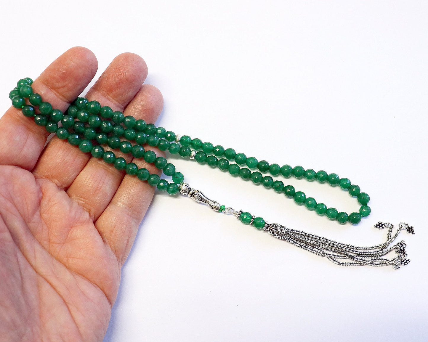 Islamic Prayer Beads Tesbih Gebetskette Genuine Faceted Emerald & Sterling -99 Beads