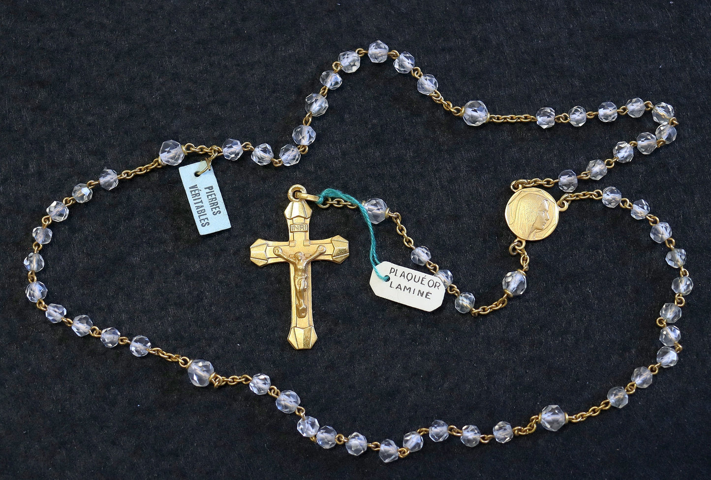 Catholic Vintage Rosary New Old Stock White Rock Crystal Gold Rolled Exquisite Series No34