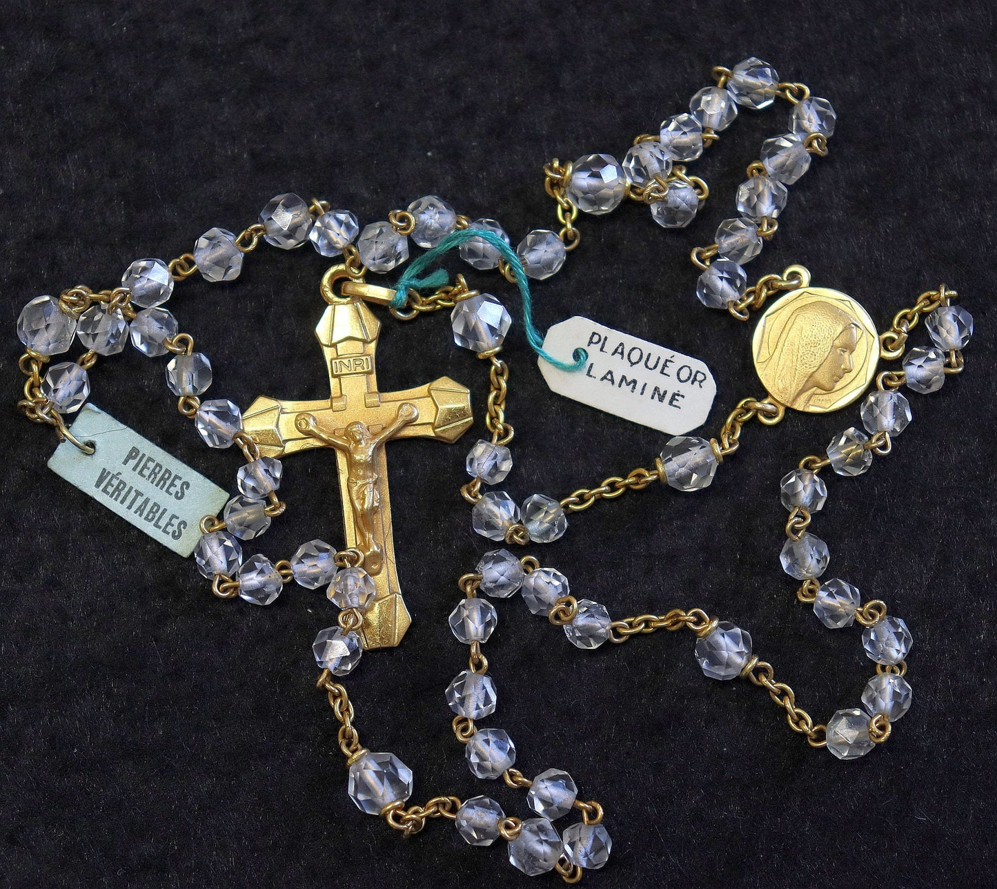 Catholic Vintage Rosary New Old Stock White Rock Crystal Gold Rolled Exquisite Series No34