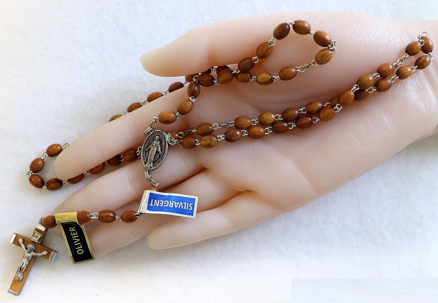 Catholic Vintage Rosary New Old Stock Olive Wood Sterling Silver Exquisite Series No29