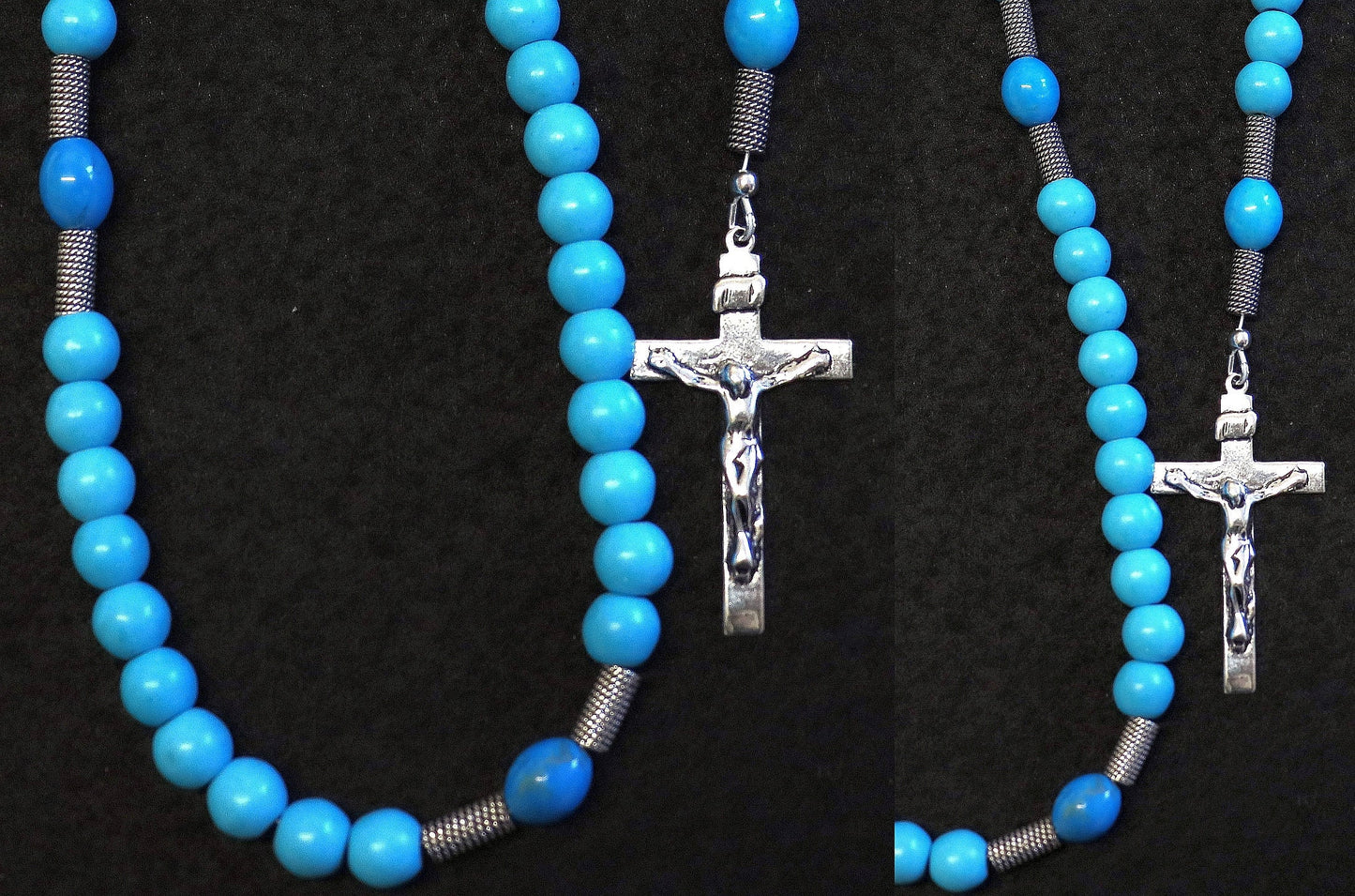 Chapelet catholique en perles, turquoise bleu et argent sterling