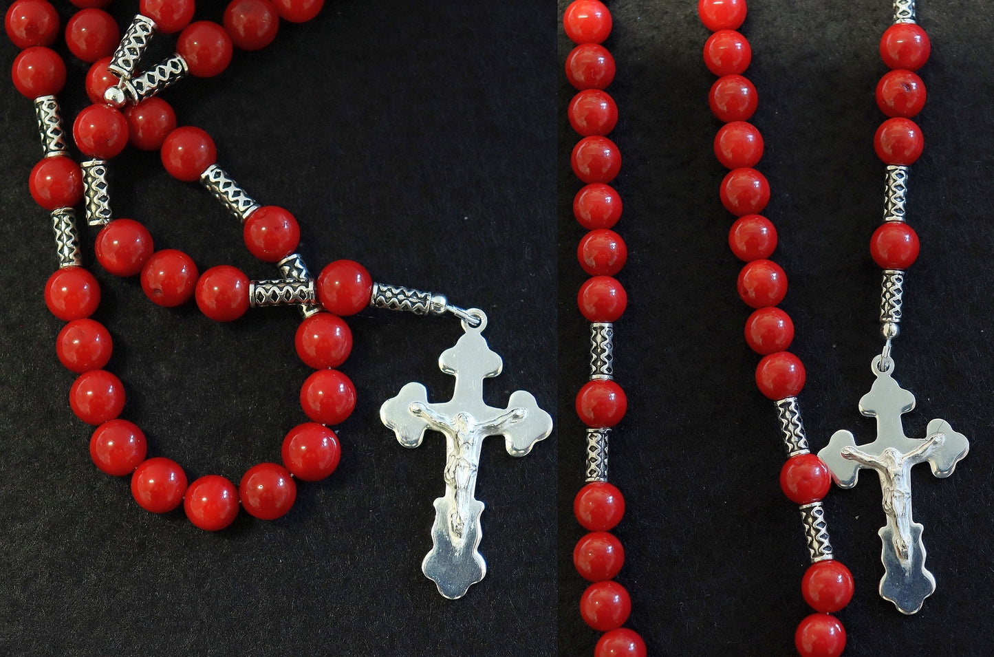 Catholic Rosary Prayer Beads Red Coral & Sterling
