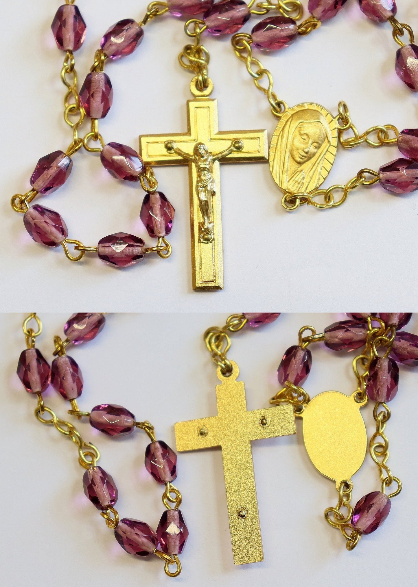 Catholic Vintage Rosary New Old Stock Amethyst Crystal Gold Plated Exquisite Series No31