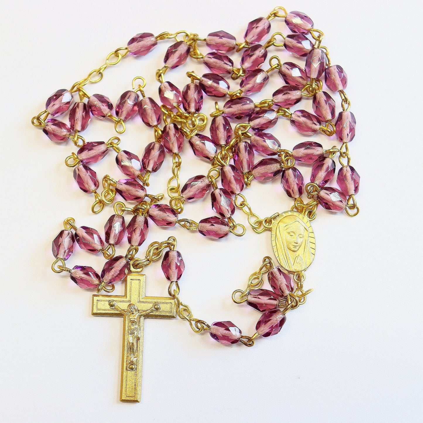 Catholic Vintage Rosary New Old Stock Amethyst Crystal Gold Plated Exquisite Series No31