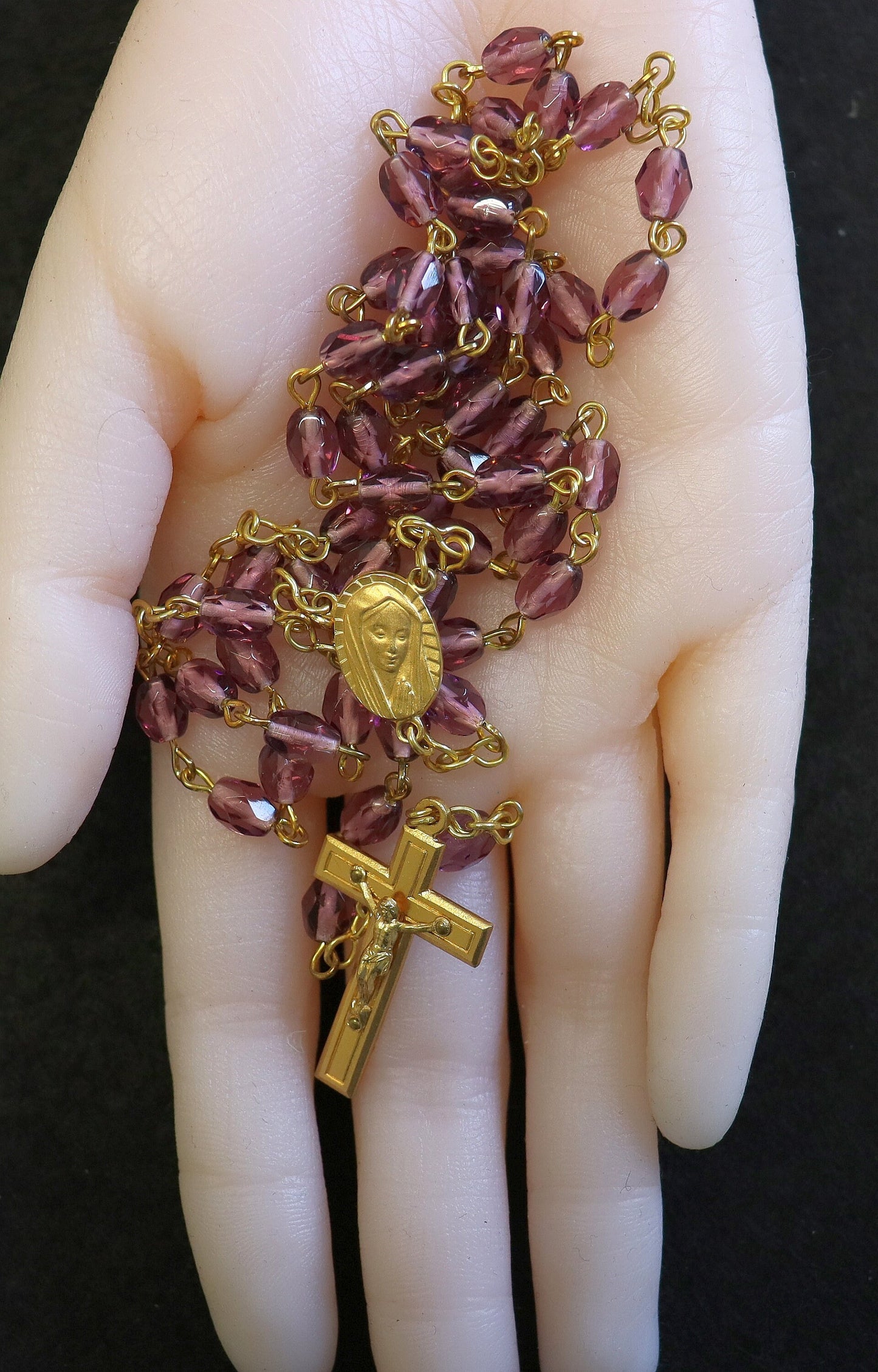 Catholic Vintage Rosary New Old Stock Amethyst Crystal Gold Plated Exquisite Series No31
