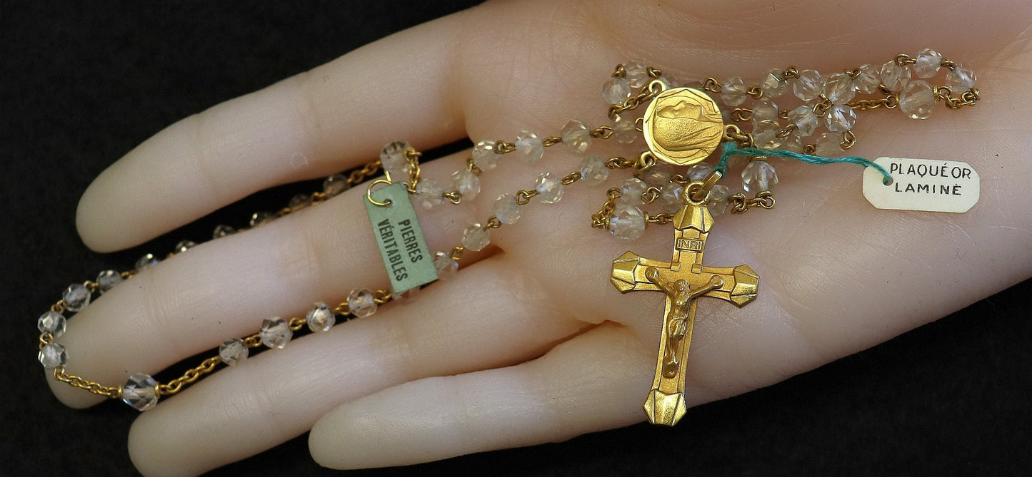 Catholic Vintage Rosary New Old Stock White Rock Crystal Gold Rolled Exquisite Series No34