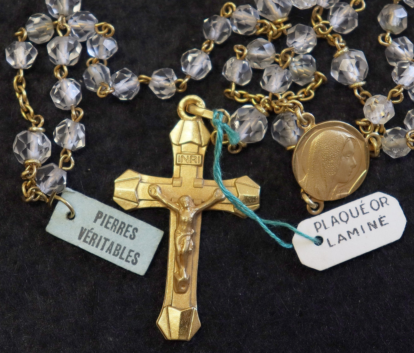 Catholic Vintage Rosary New Old Stock White Rock Crystal Gold Rolled Exquisite Series No34