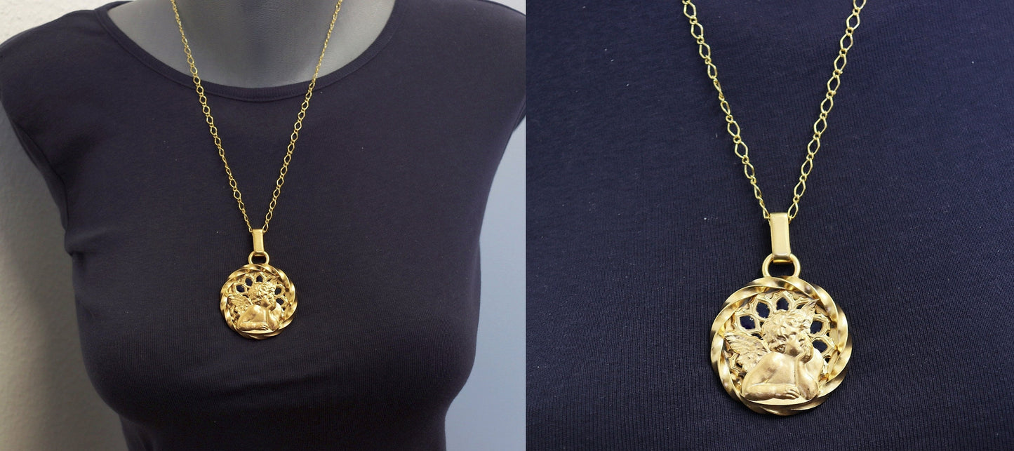Vintage Gold Plated Plique-à-Jour V. Large Raphael Angel Putto Pendant Signed Augis w Vermeil Chain