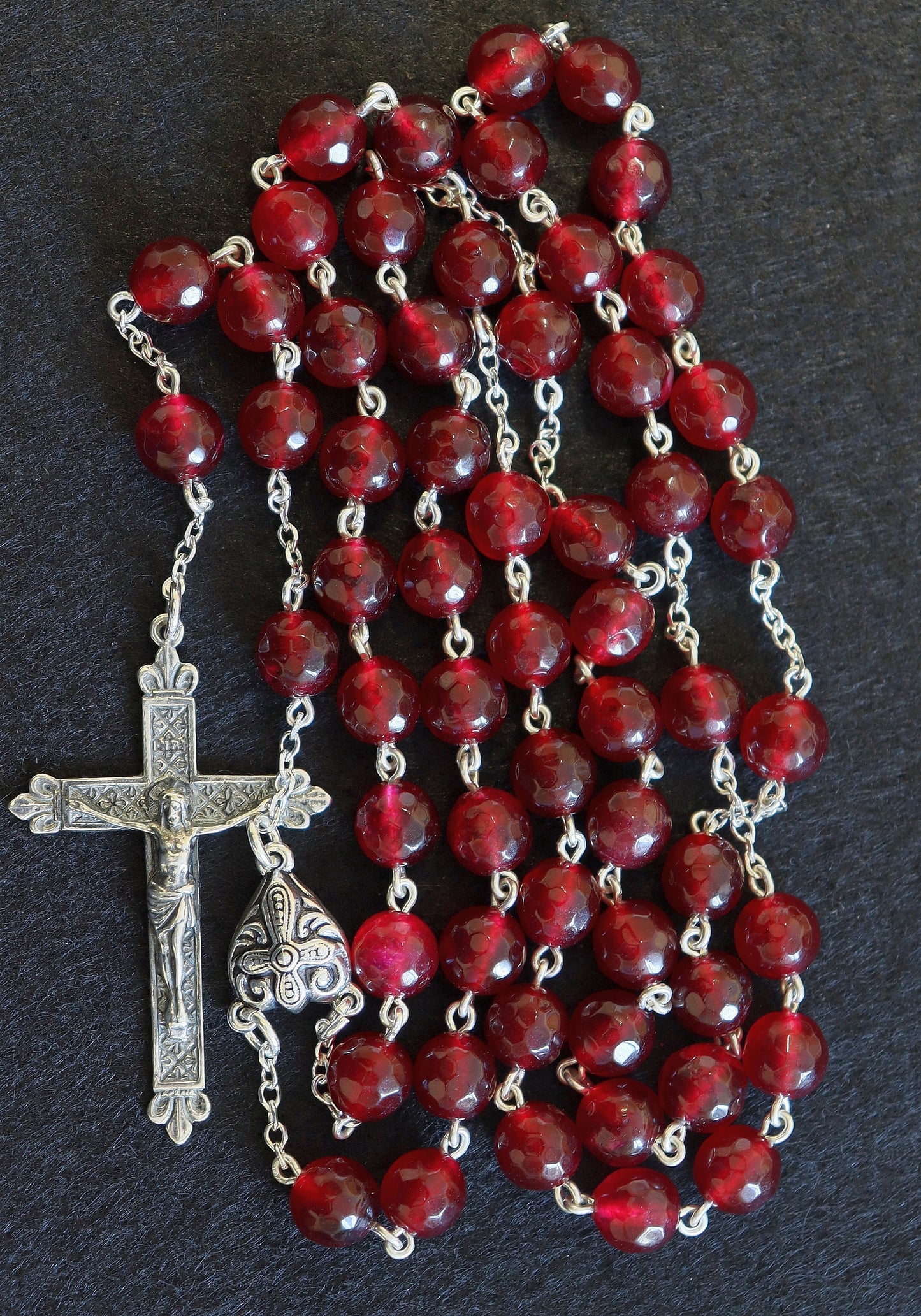 Vintage Faceted Garnet & Sterling Silver Large Catholic French Rosary, Pristine, Rare