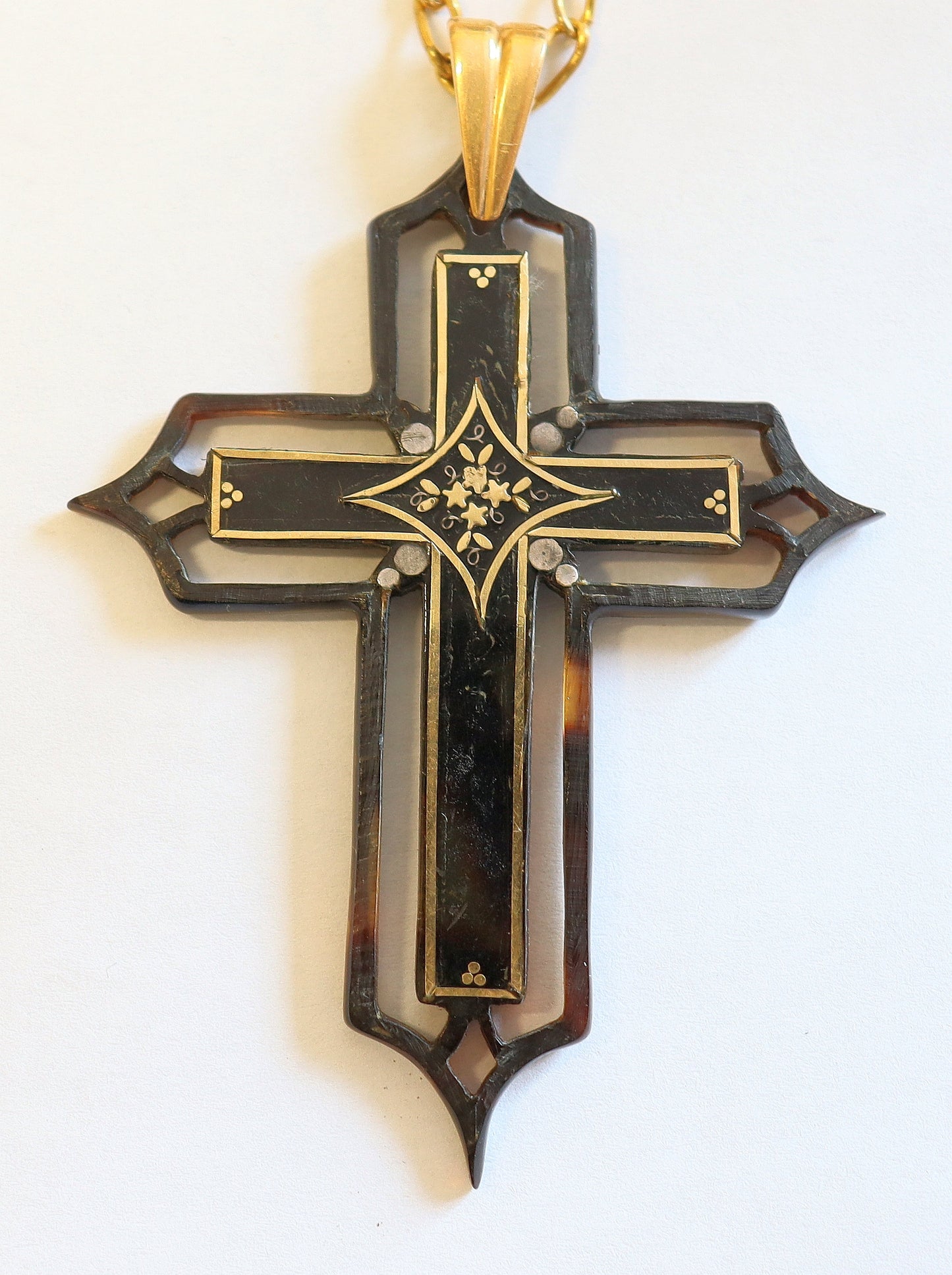 V. Rare French Shell & 18 K Gold Pectoral Cross Napoleon III w chain - Pristine