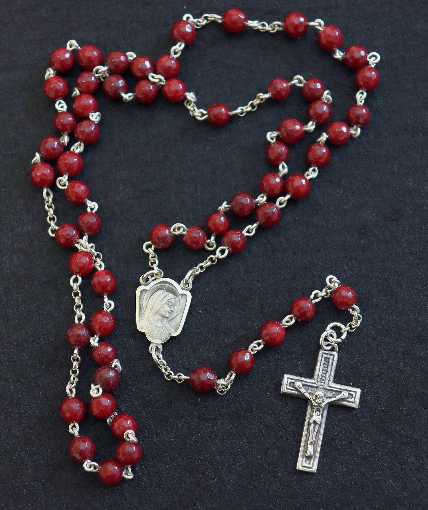 Catholic Chain Rosary Genuine Faceted Ruby and Sterling Silver