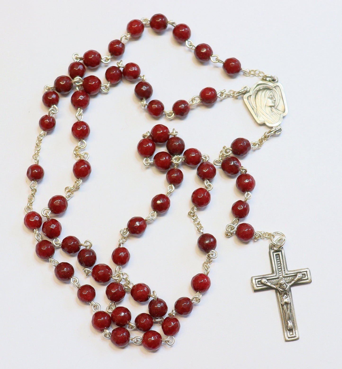 Catholic Chain Rosary Genuine Faceted Ruby and Sterling Silver