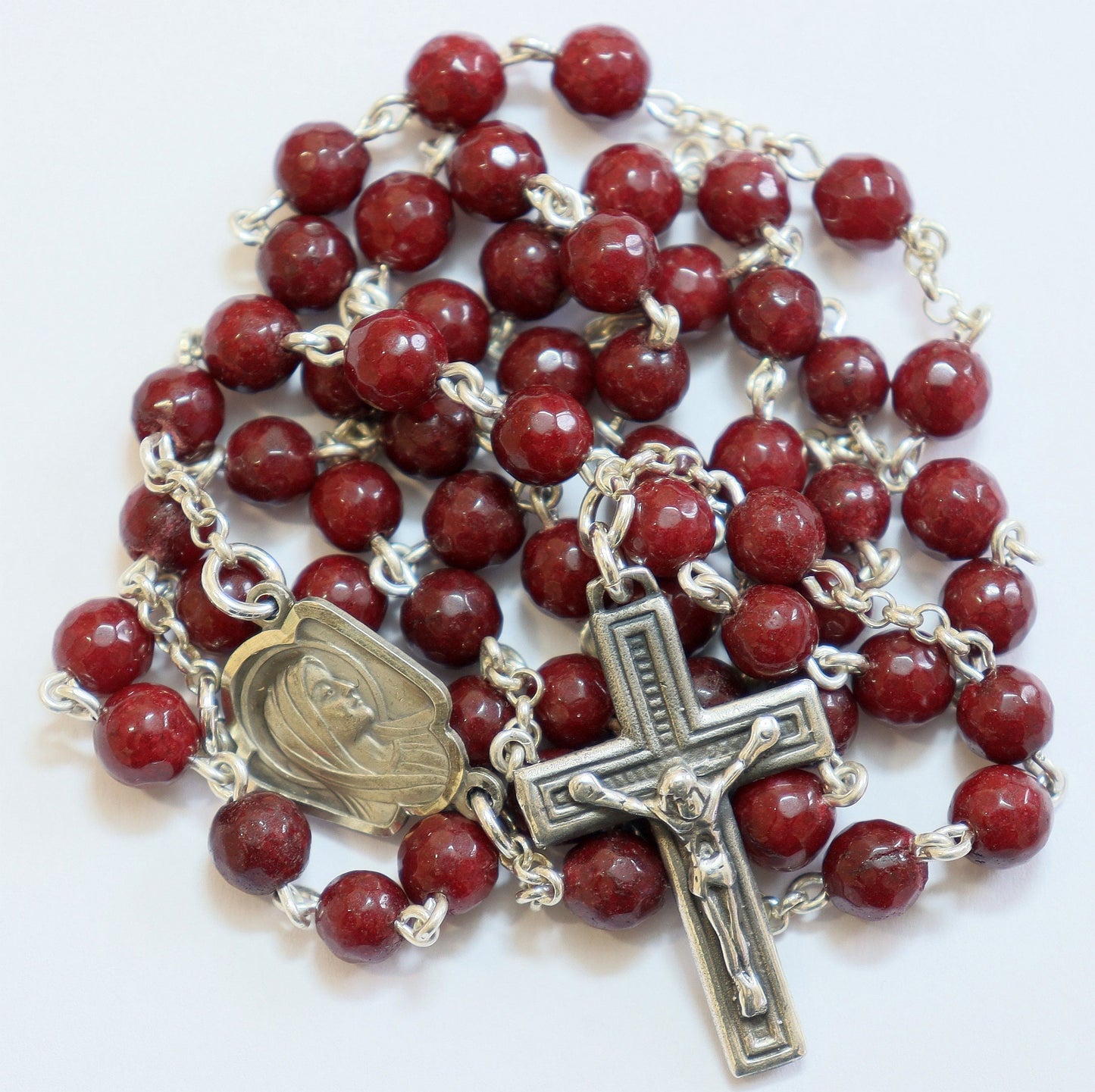 Catholic Chain Rosary Genuine Faceted Ruby and Sterling Silver