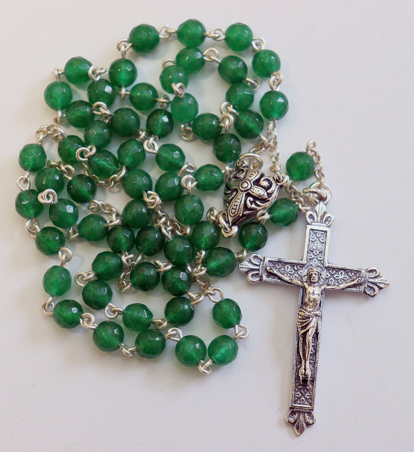 Catholic Chain Rosary Genuine Faceted Emerald and Sterling Silver